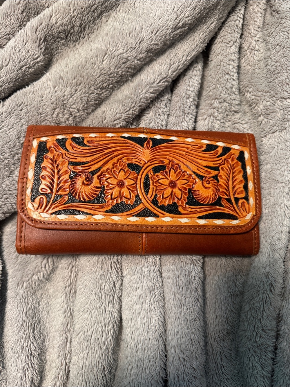 Hand-Tooled Floral Leather Wallet - Brown NWOT